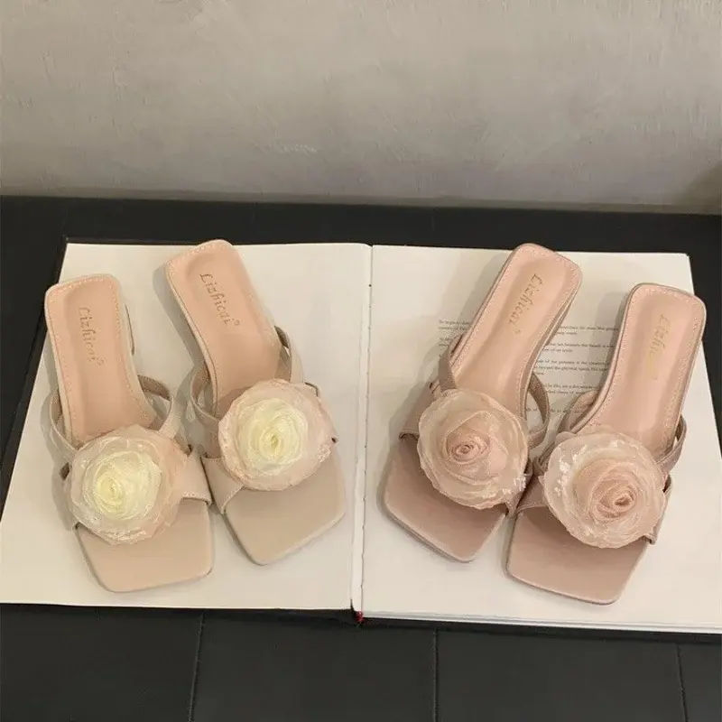 Women's Slippers French Pink Temperament Flip-flops Fairy Shoes Fashion Outside Wear 2025 New Summer New Chinese Flower Sandals