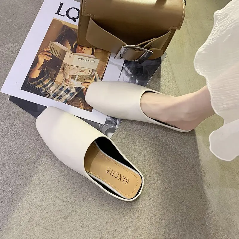 Shoes Woman's Slippers Slides Cover Toe Female Mule Low Loafers 2025 Mules Flat Square Rubber Fabric Fretwork Hoof Heels PU