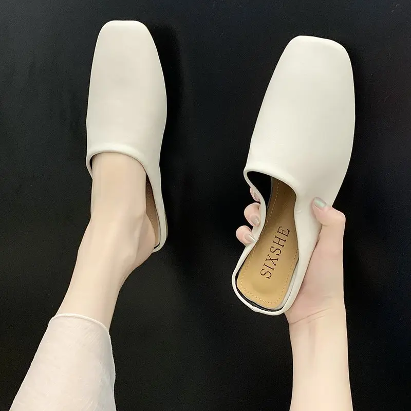 Shoes Woman's Slippers Slides Cover Toe Female Mule Low Loafers 2025 Mules Flat Square Rubber Fabric Fretwork Hoof Heels PU