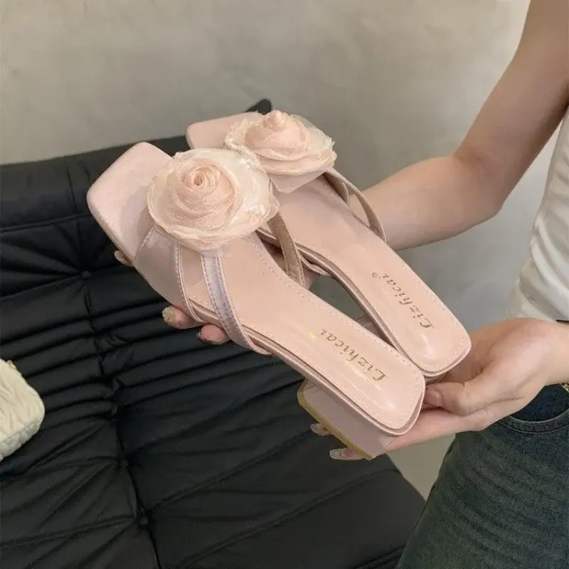 Women's Slippers French Pink Temperament Flip-flops Fairy Shoes Fashion Outside Wear 2025 New Summer New Chinese Flower Sandals
