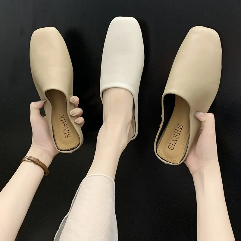 Shoes Woman's Slippers Slides Cover Toe Female Mule Low Loafers 2025 Mules Flat Square Rubber Fabric Fretwork Hoof Heels PU