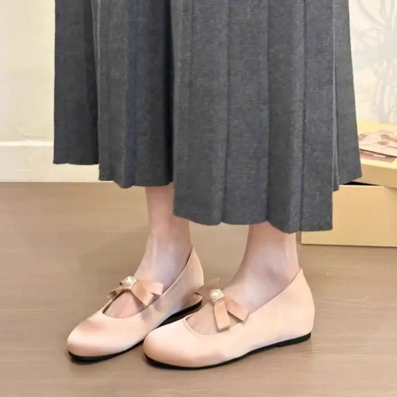 2025 New Ballet Flats Satin Pink Round Toe Shoes Ballerinas Zapatos Mujer Stylish Flat Shoes for Women