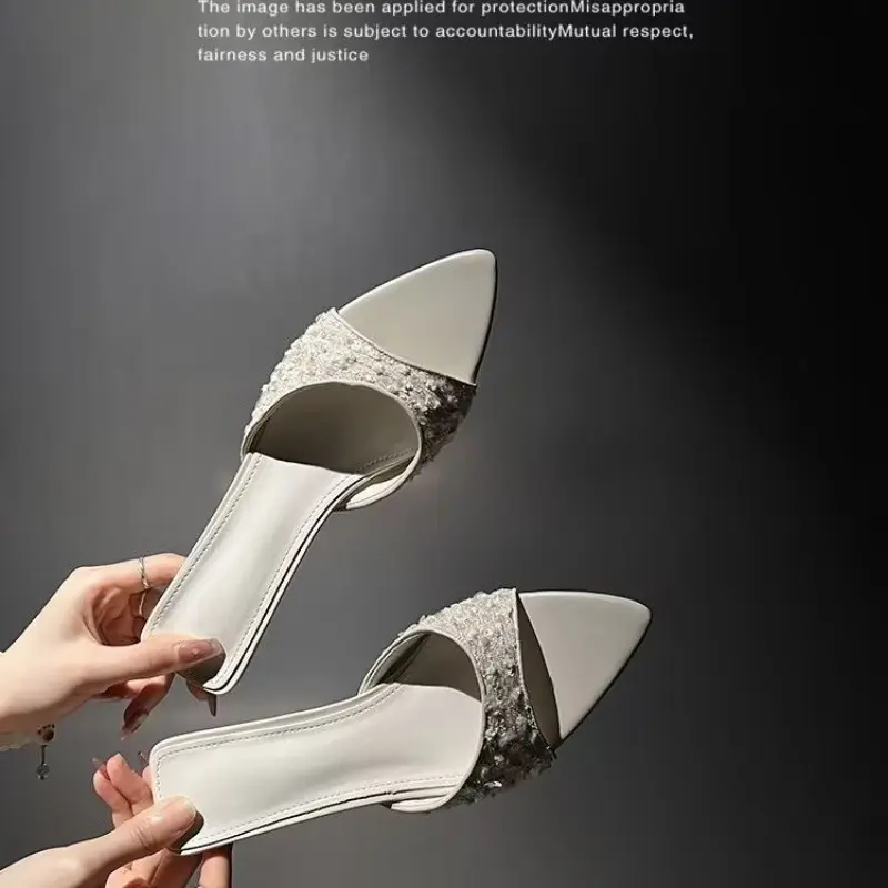 Women's Summer Low Heel Sequin Slippers Elegant Open Toe Party Dress Shoes Fashion Outdoor Ladies Slides