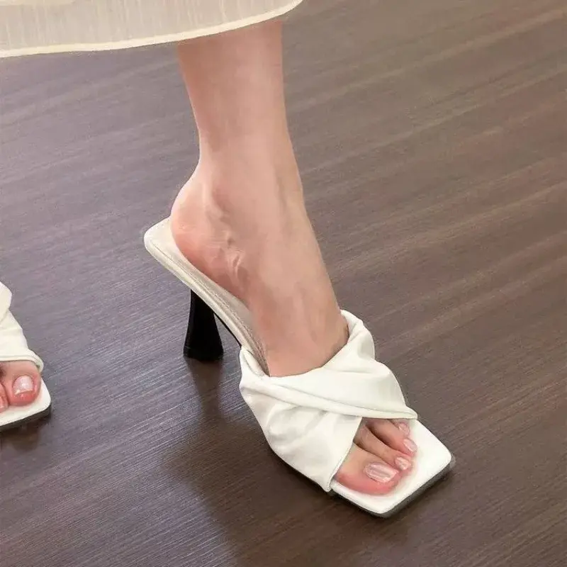 Women Slides Square Toe Kitten Heels Sandals Pleated High Heels Slippers Lady Fashion Casual Shoes Summer Apricot Silver