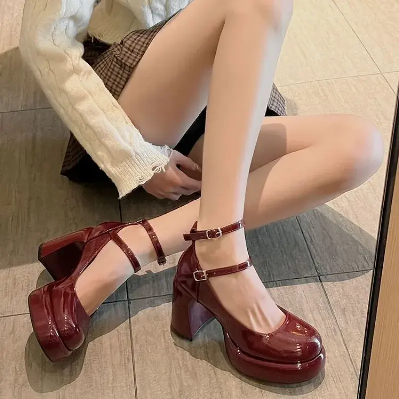 New High Heels Women's Spring Autumn Pumps Shoes Red Black Retro Thick Soled 2025 Shoes Ankle Buckle 9cm Chunky Heels Women