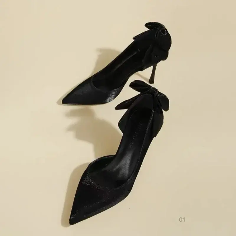 2025 Single Shoes with Heels Silk Pointed Toe Bow Thin Heels Shoes Women Banquet Dress One Kick French Zapatillas De Mujer