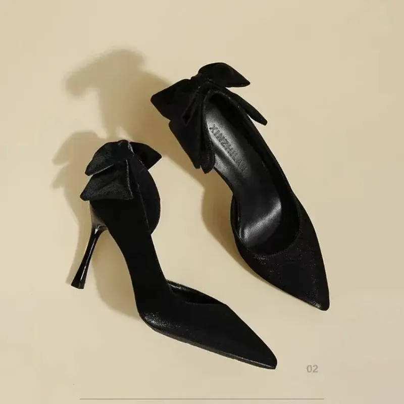 2025 Single Shoes with Heels Silk Pointed Toe Bow Thin Heels Shoes Women Banquet Dress One Kick French Zapatillas De Mujer