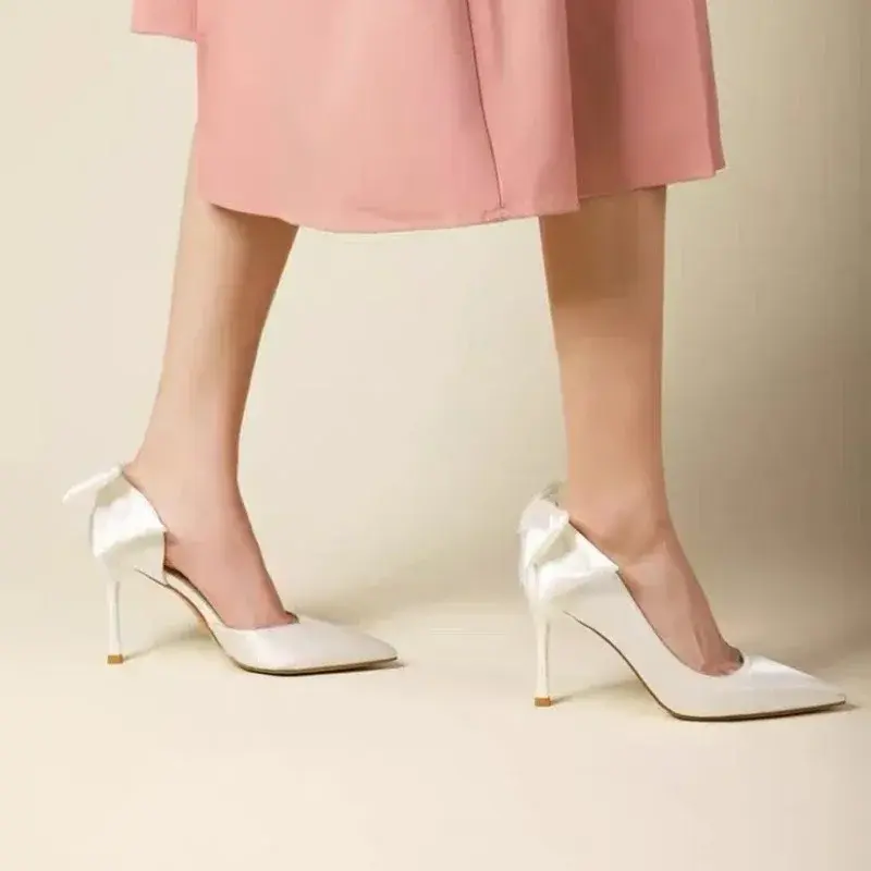 2025 Single Shoes with Heels Silk Pointed Toe Bow Thin Heels Shoes Women Banquet Dress One Kick French Zapatillas De Mujer