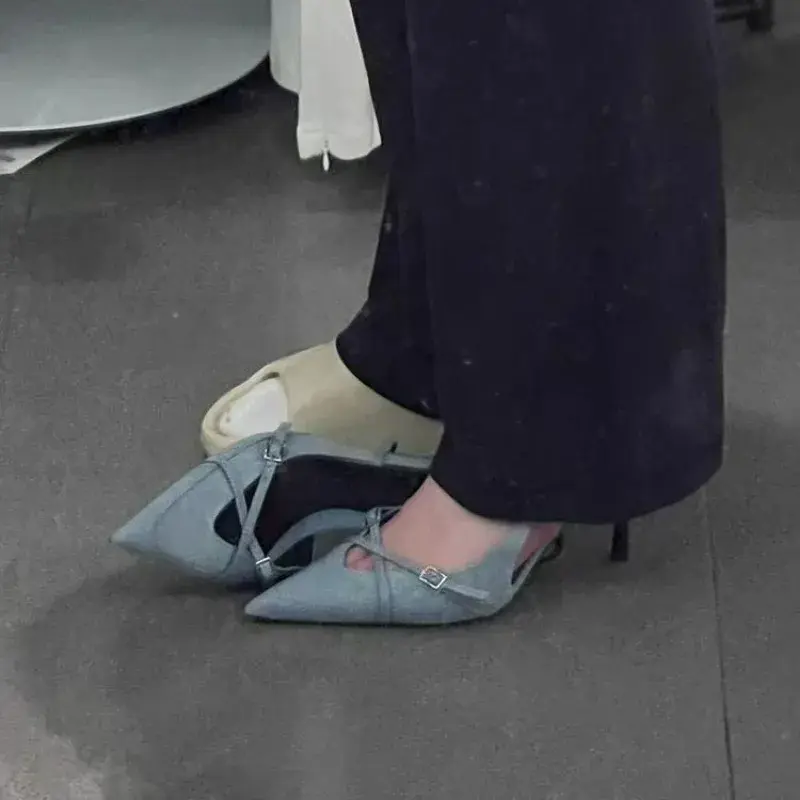 2025 New Women's Jeans Heeled Sandals Pointed High Heel Office Lady Shoes Beautiful Women high heels  Shoes  sandalias mujer