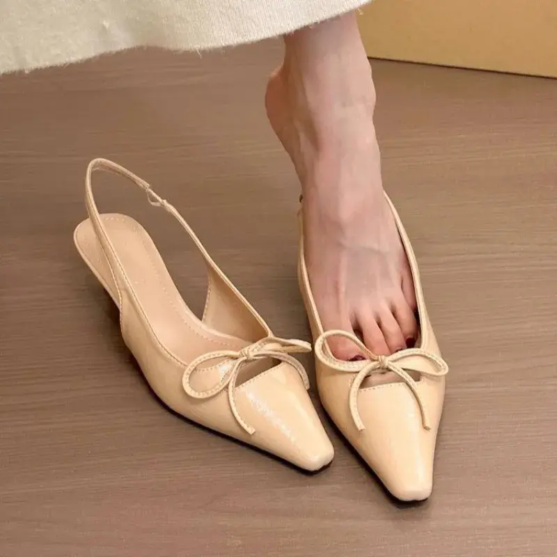 Versatile Womens Sandals with Anti Slip Slim Heel Close Toes Elastic Band Bow 2025 Summer Outdoor PU Black/White Fashion Sandals