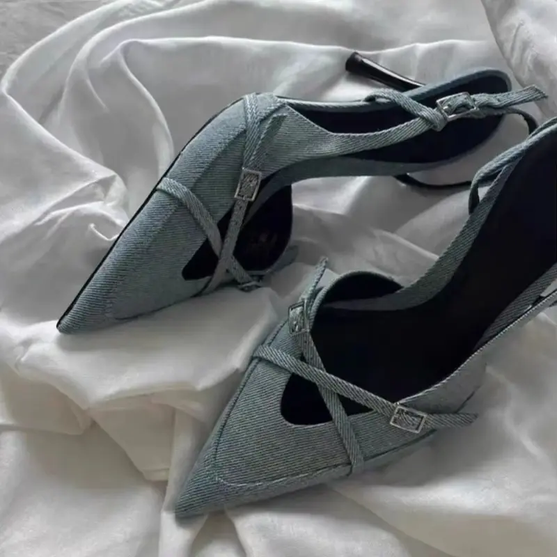 2025 New Women's Jeans Heeled Sandals Pointed High Heel Office Lady Shoes Beautiful Women high heels  Shoes  sandalias mujer