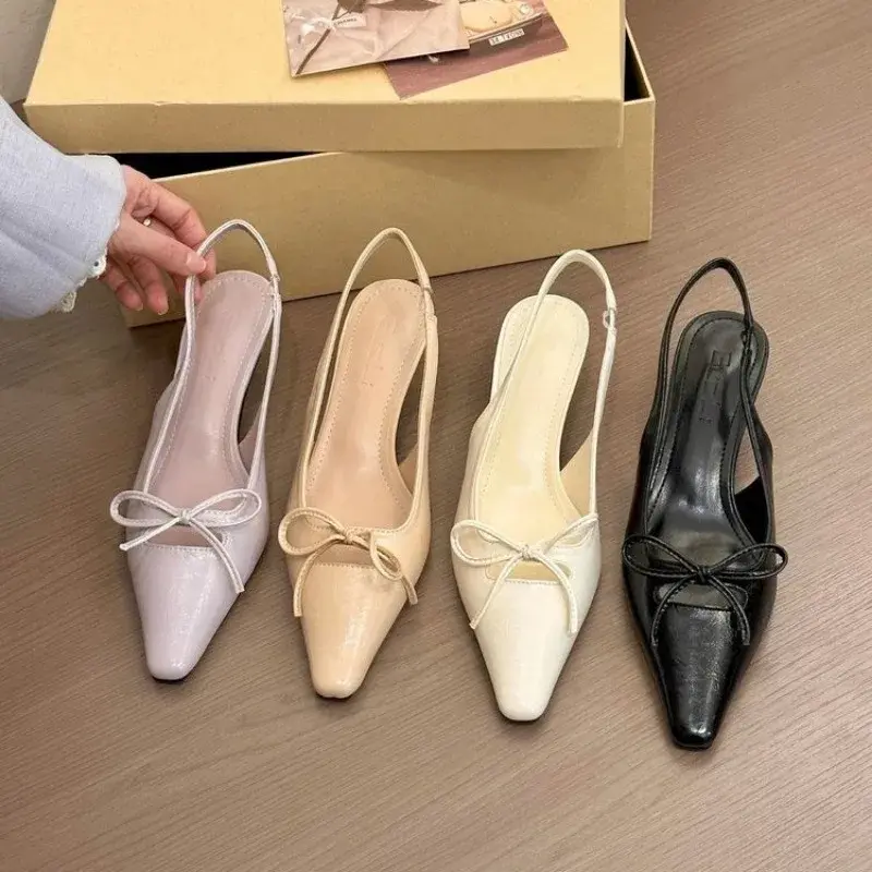Versatile Womens Sandals with Anti Slip Slim Heel Close Toes Elastic Band Bow 2025 Summer Outdoor PU Black/White Fashion Sandals