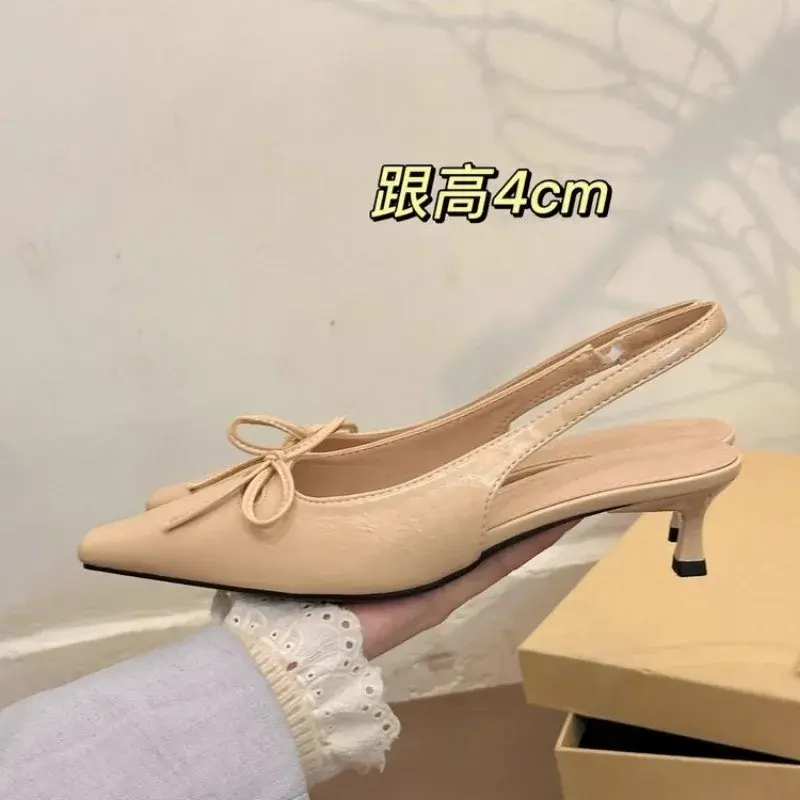 Versatile Womens Sandals with Anti Slip Slim Heel Close Toes Elastic Band Bow 2025 Summer Outdoor PU Black/White Fashion Sandals