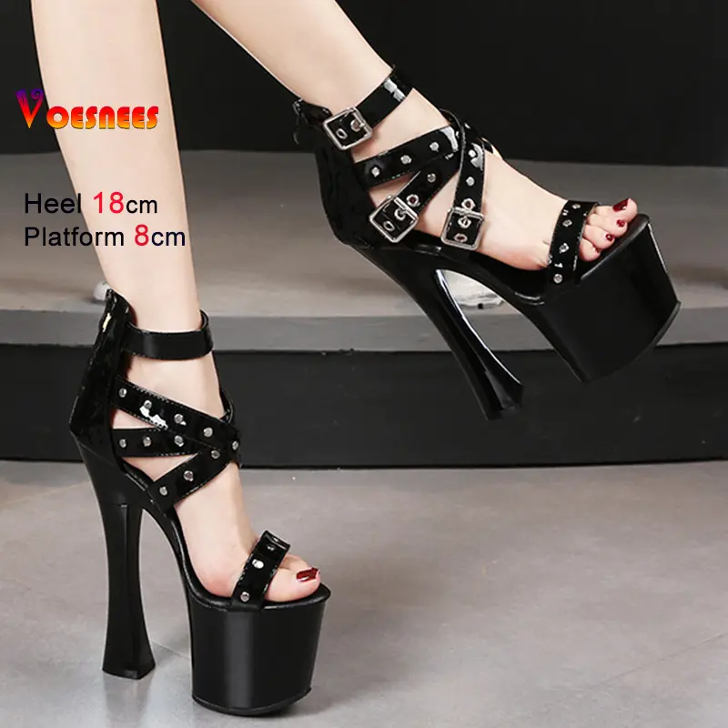 Summer Night Club Women Rivets Sandals Patent Leather Rome Style Open Toe Thick High Heel Platform Lady 18CM Super Model Shoes