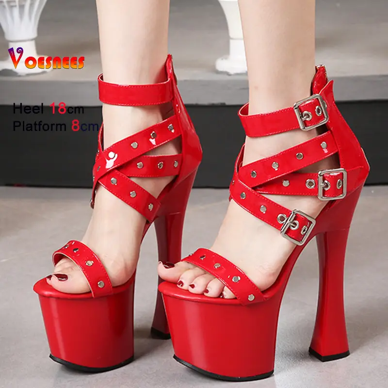 Summer Night Club Women Rivets Sandals Patent Leather Rome Style Open Toe Thick High Heel Platform Lady 18CM Super Model Shoes