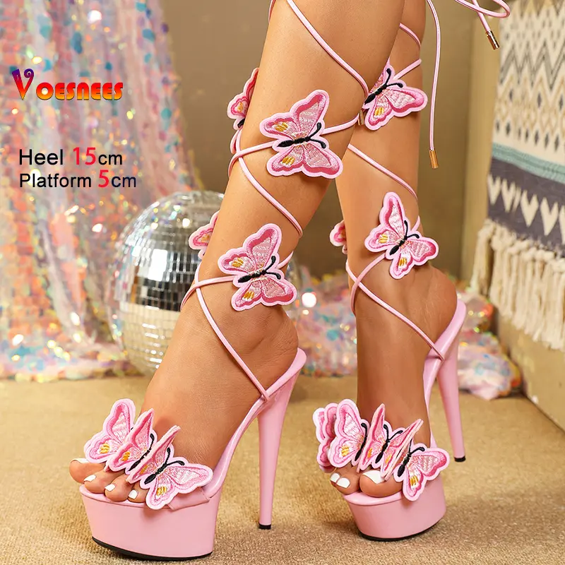 Fashion Platform Sandals 15CM High Heels Butterfly Ankle Strap Shoes For Women 2025 Summer Thin Heel Lace-up Pole Dance Sandals