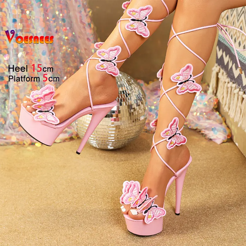 Fashion Platform Sandals 15CM High Heels Butterfly Ankle Strap Shoes For Women 2025 Summer Thin Heel Lace-up Pole Dance Sandals