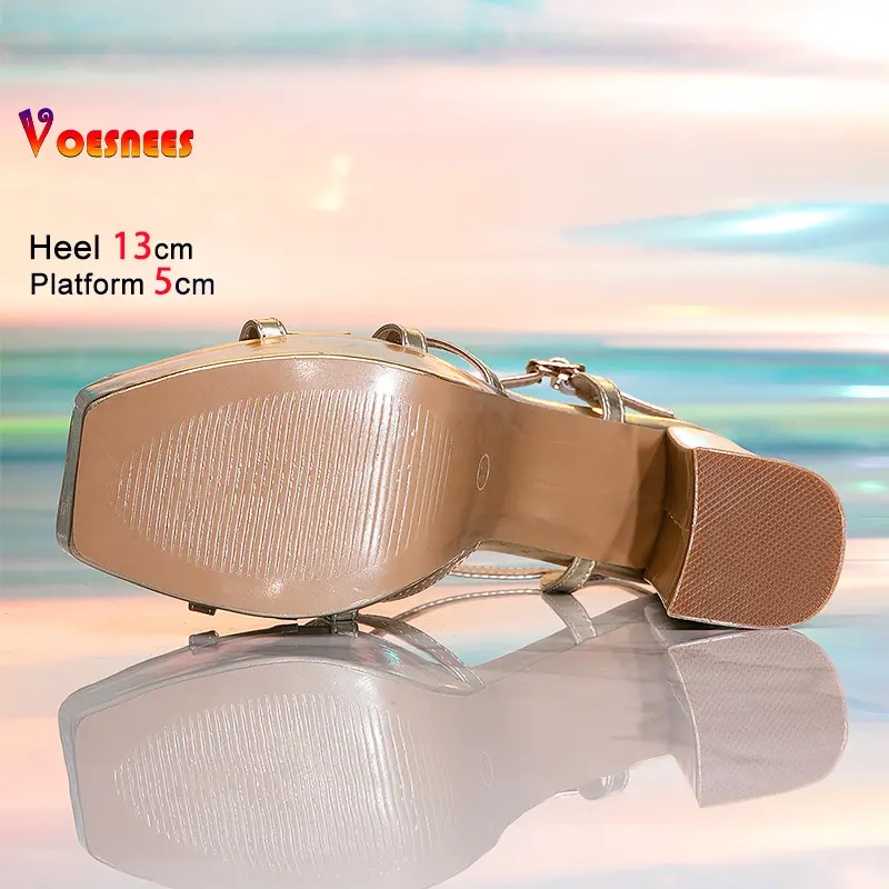 Fashion Narrowband Buckle Square Toe Sandals For Women 5CM Platform 13CM High Heels Summer Model Catwalk Show Shoes Plus Size 43