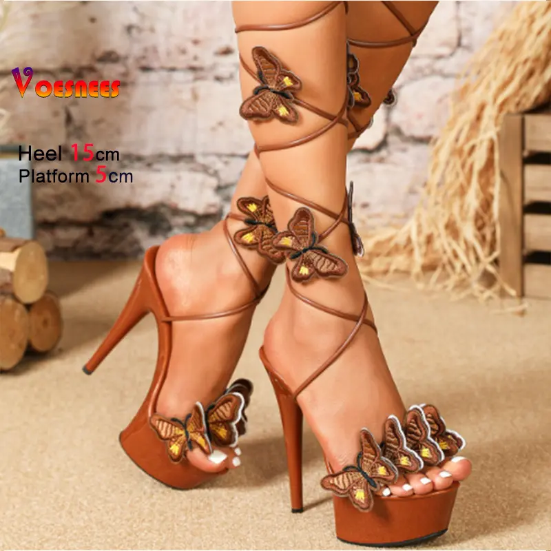 Fashion Platform Sandals 15CM High Heels Butterfly Ankle Strap Shoes For Women 2025 Summer Thin Heel Lace-up Pole Dance Sandals
