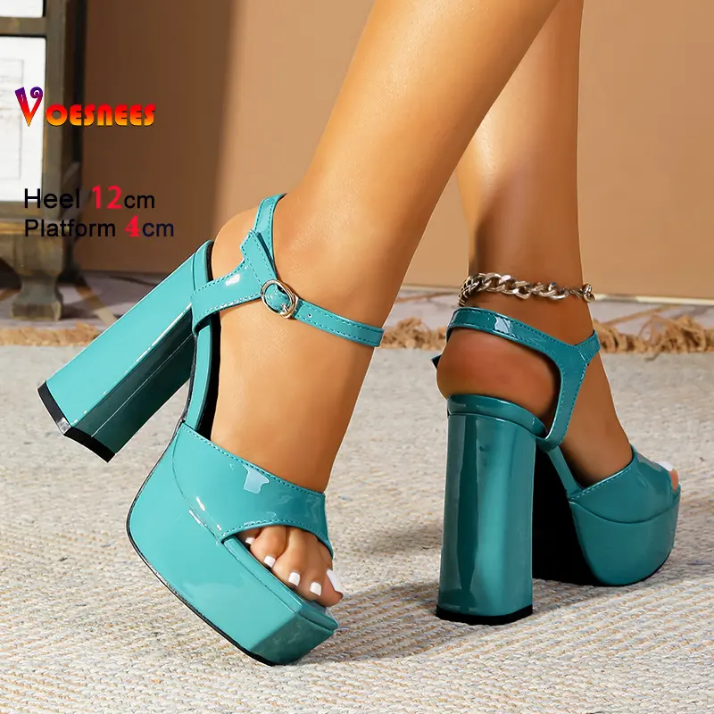 Plus Size 34-43 Women Square Toe Chunky Heel Outdoors Sandals 12CM Platform Summer Model Catwalk Show Shoes Casual High Heels