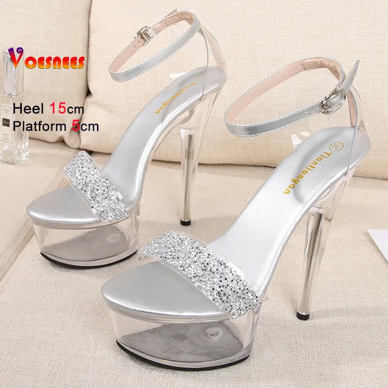 Clear 15CM High Heel Pole Dance Shoes Women's Summer Thin Heels Sexy Wedding Sandals Stage Show Party Ladies One Word Footwear