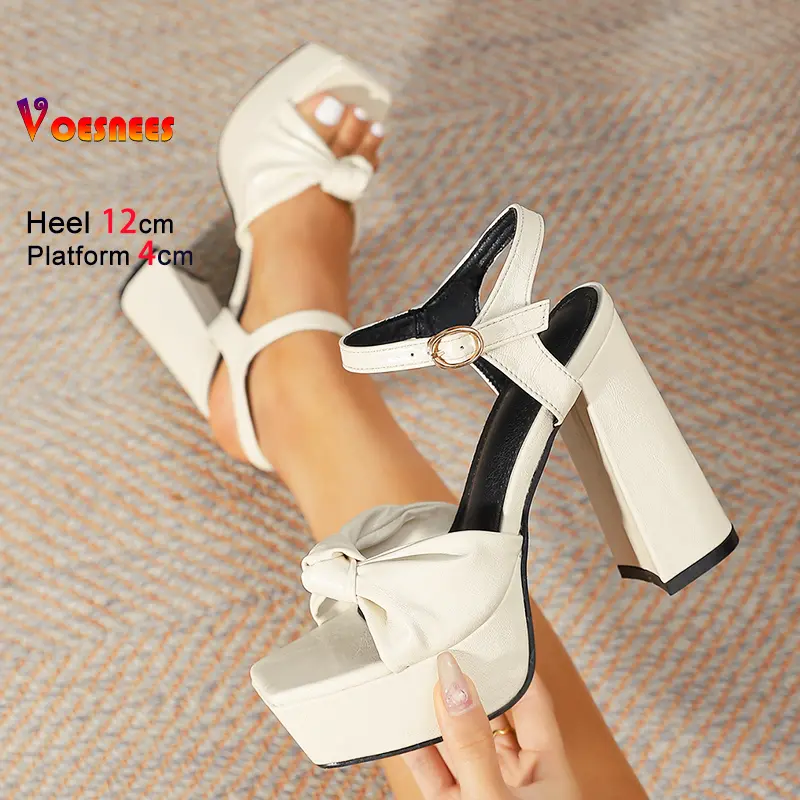 Designer 2025 New Bow-knot Sandals Women Thick Sole High Heels Summer 12CM Fashion Platform Nightclub Dance Shoes Plus Size 43
