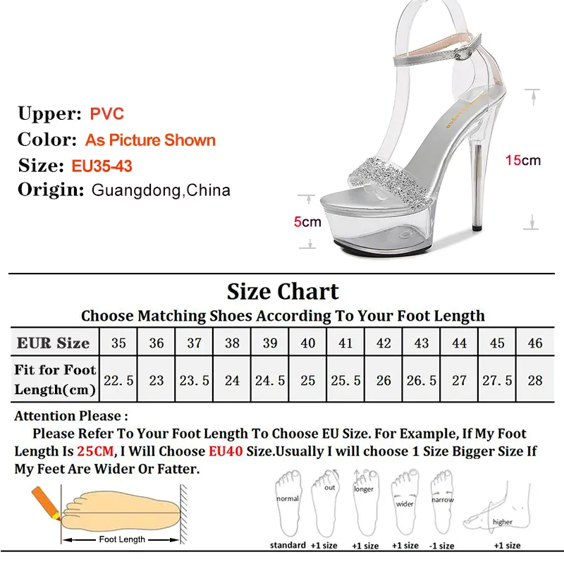 Clear 15CM High Heel Pole Dance Shoes Women's Summer Thin Heels Sexy Wedding Sandals Stage Show Party Ladies One Word Footwear