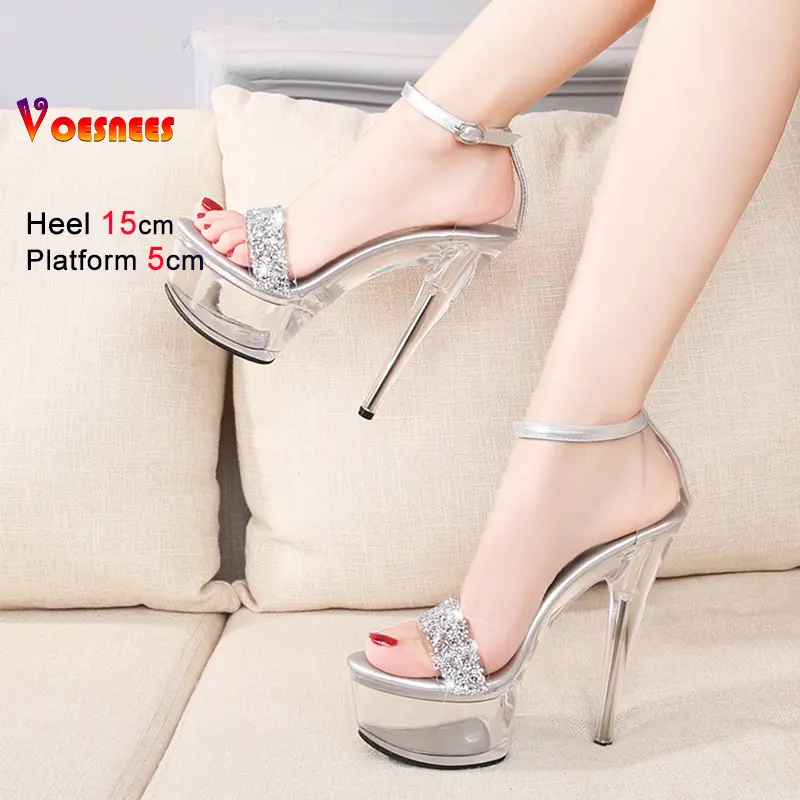 Clear 15CM High Heel Pole Dance Shoes Women's Summer Thin Heels Sexy Wedding Sandals Stage Show Party Ladies One Word Footwear
