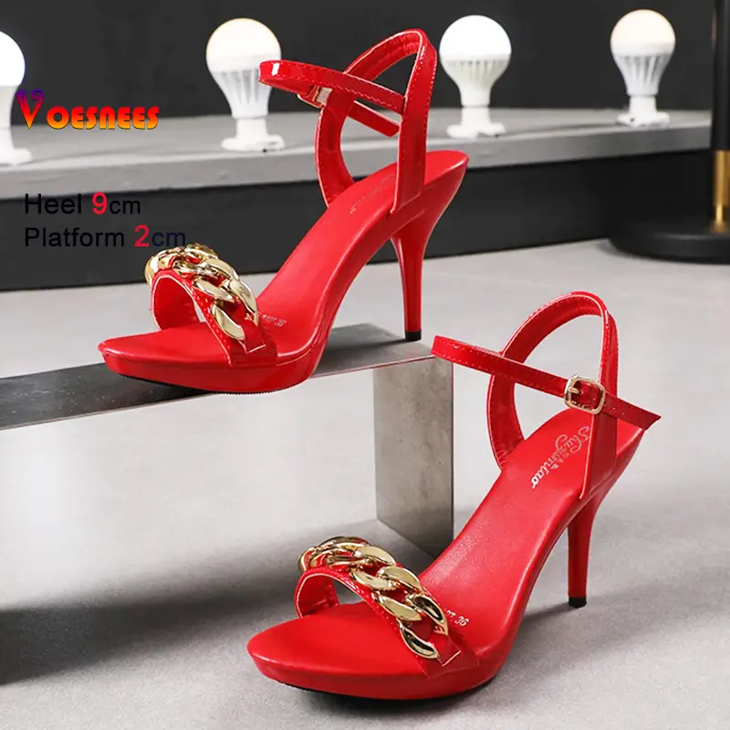 Women's Pure Color Sandals Open Toe High Heels with Thin Chain Belt Fashion Shoes Summer Buckle Strap Party Shoes Black Pumps