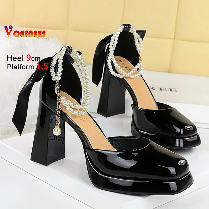 Square Toe Sandals Women 9CM Thick High Heel Summer Party Dress Shoes With White Bowknot Ankle Pearl Chain Platform Ladies Shoes
