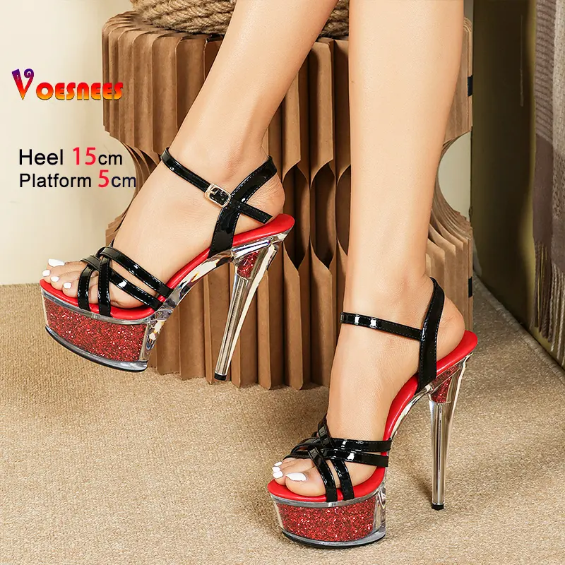 Plus Size 5CM Platform Summer Transparent Sandals 2025 Fashion Narrow-band 15CM Thin High Heel Womens Nightclub Pole Dance Shoes