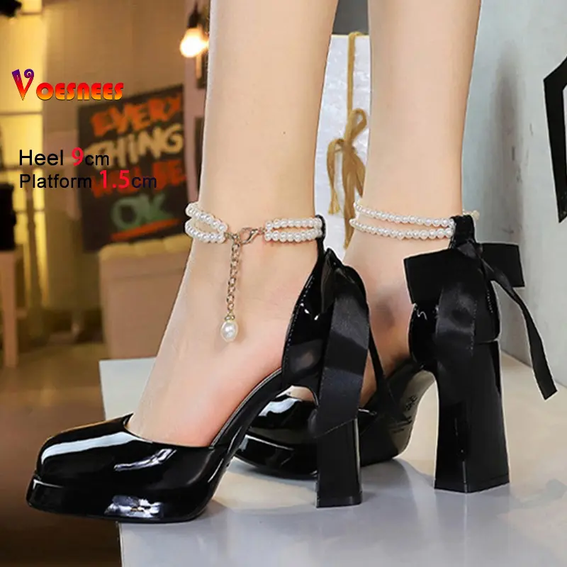 Square Toe Sandals Women 9CM Thick High Heel Summer Party Dress Shoes With White Bowknot Ankle Pearl Chain Platform Ladies Shoes
