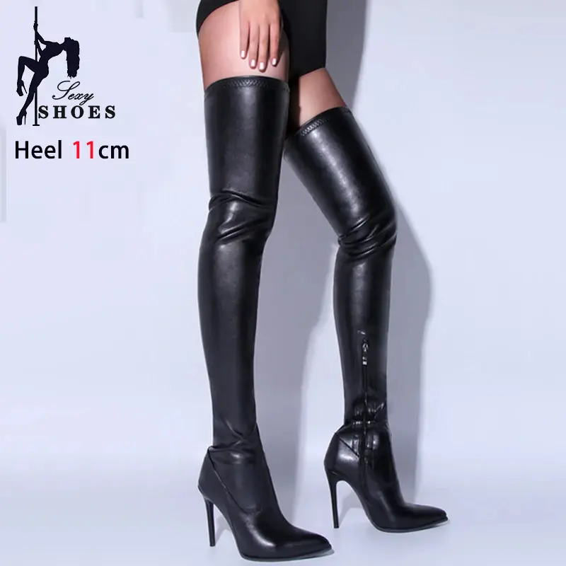 Women's Boots High Heel 11cm Matte Black Over Knee Boots Large Size 34-44 Side Zipper Fashion Personality Striper Long Boots