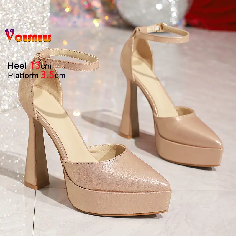 2025 New Summer Pointed Ankle Strap Sandals 13CM High Heels Women's Champagne color Party Dress Shoes Thick Platform Stiletto