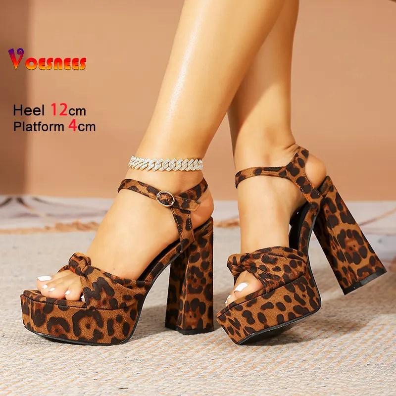 2025 Trend Casual Chunk Heels Europe and America Square Toe Platform Women Shoes Summer Model 12CM Suede Leopard print Sandals