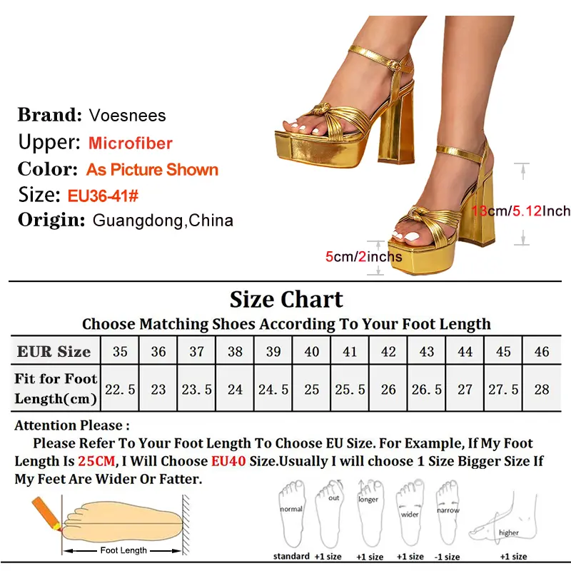 Gold Large Size Shoes For Women Square Platform Sandals 13CM Chunky Heel Cross Hollow Upper Europe and America Summer High Heels
