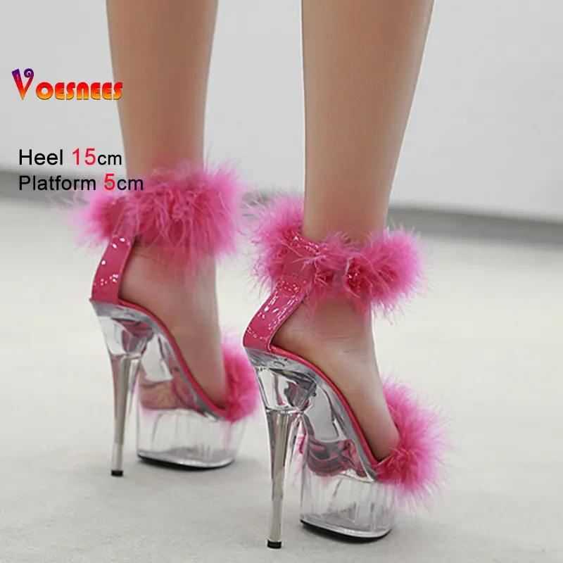 2025 Summer Women's Fur Sandals Transparent High Heels Platform Sexy Clear Heels Bridal Shoes 15cm Buckle Strap Club Footwear
