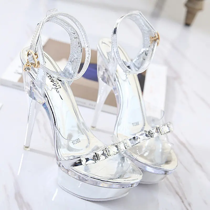 Voesnees Super High Heel 18cm Shoes Silver Stiletto Cross Straps Women's Sandals Nightclub Sex 41 42 43 Women Shoes Pole Dance
