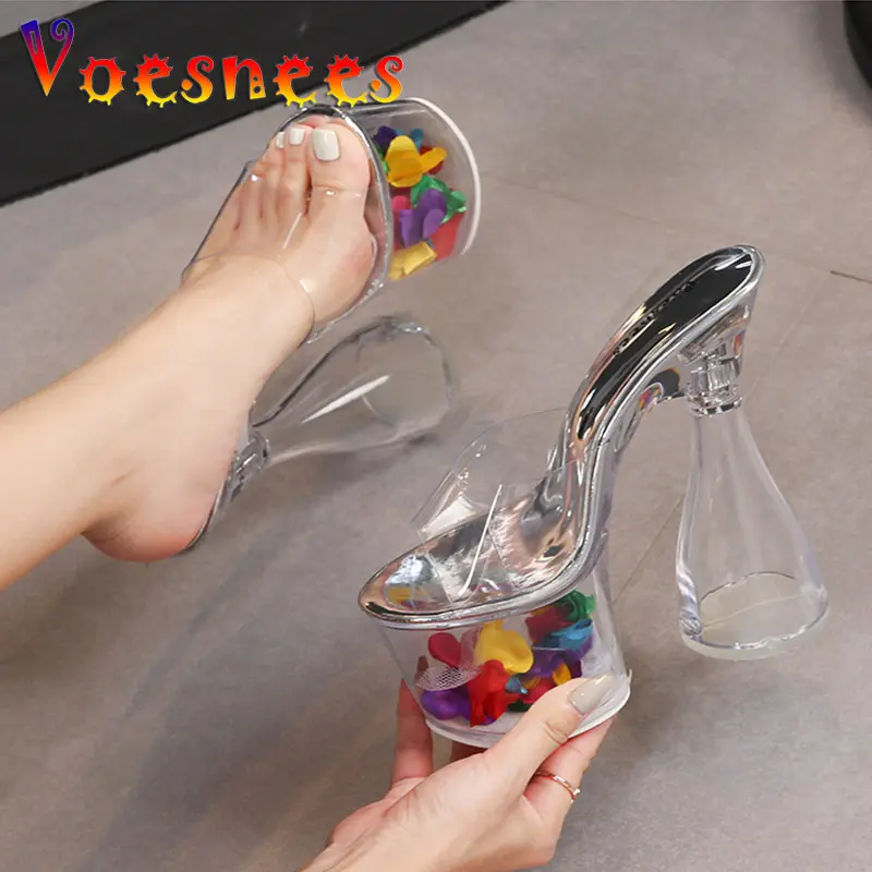 Fashion All Transparent Crystal Shoes Women Hollow Platform 17.5CM Round Heel Slippers Super Model Show PVC High-Heeled Sandals