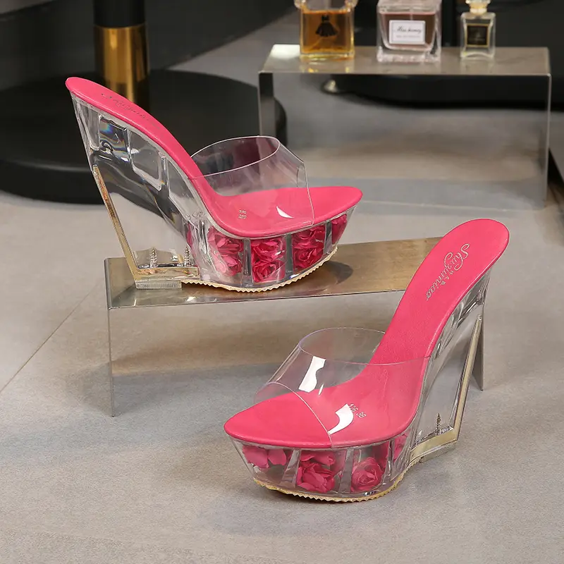 Sexy Women Shoes Slipper 2019 Summer Transparent Crystal Wedding Shoes High-heeled 14cm wild Shoes Flower Waterproof Slipper