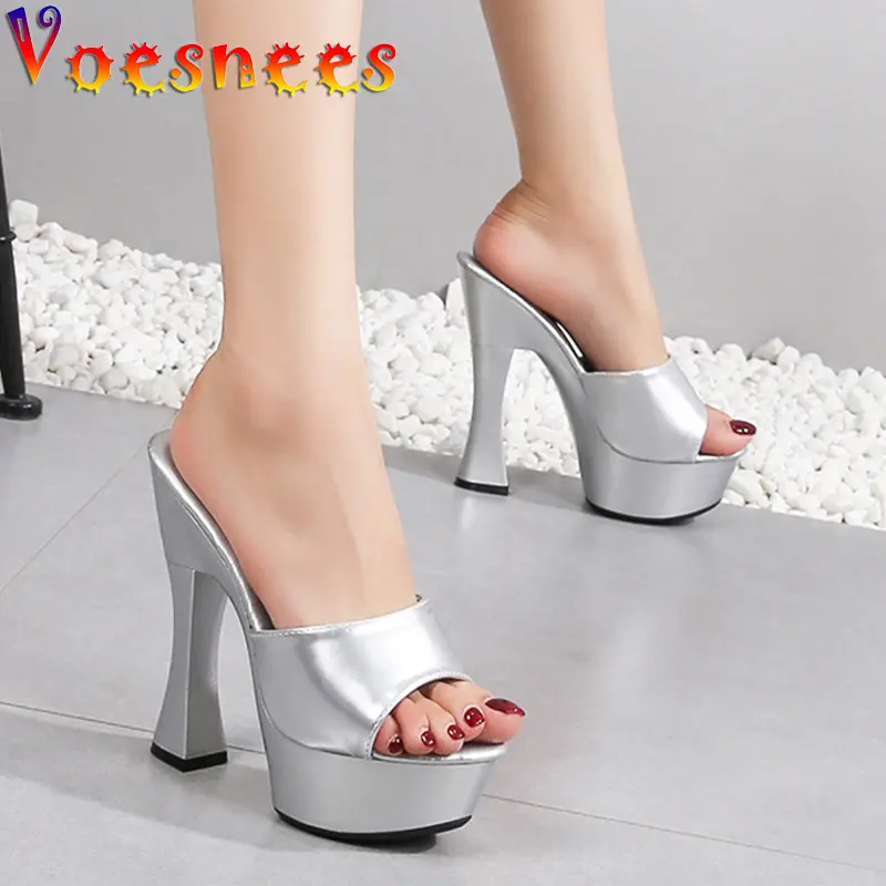 Voesnees 2022 New High Heels Round Toe Slippers Women Pumps 14CM Sexy Pure Colour Sandals Large Size Thick Platform Party Shoes