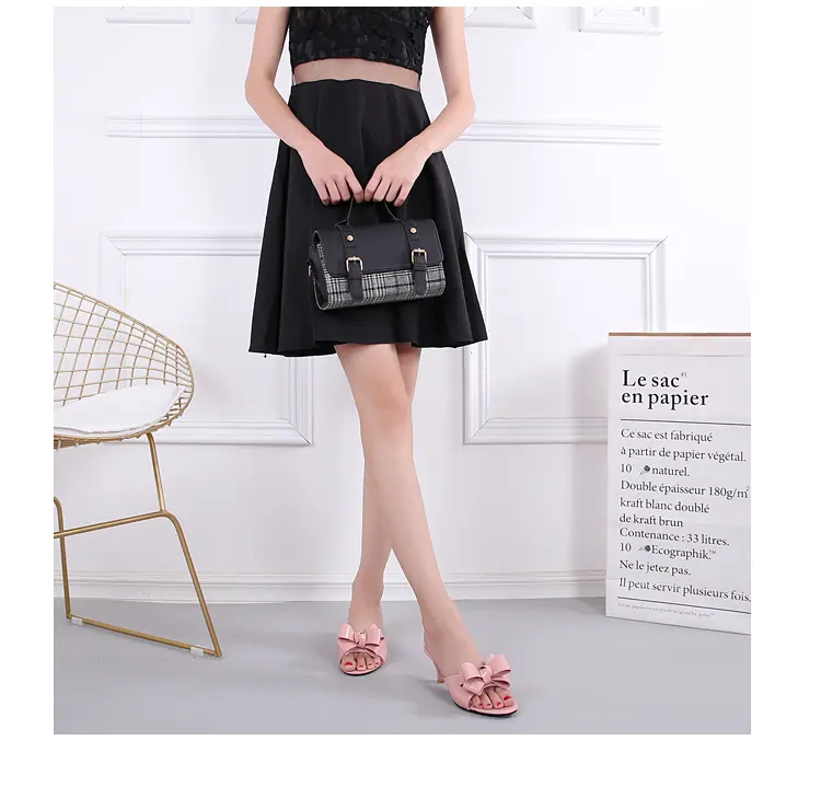 Slippers Female Summer 2019 New Outside Wear Korean version of high heel Medium Heel Thin Heel Bow Fishmouth one word Shoes