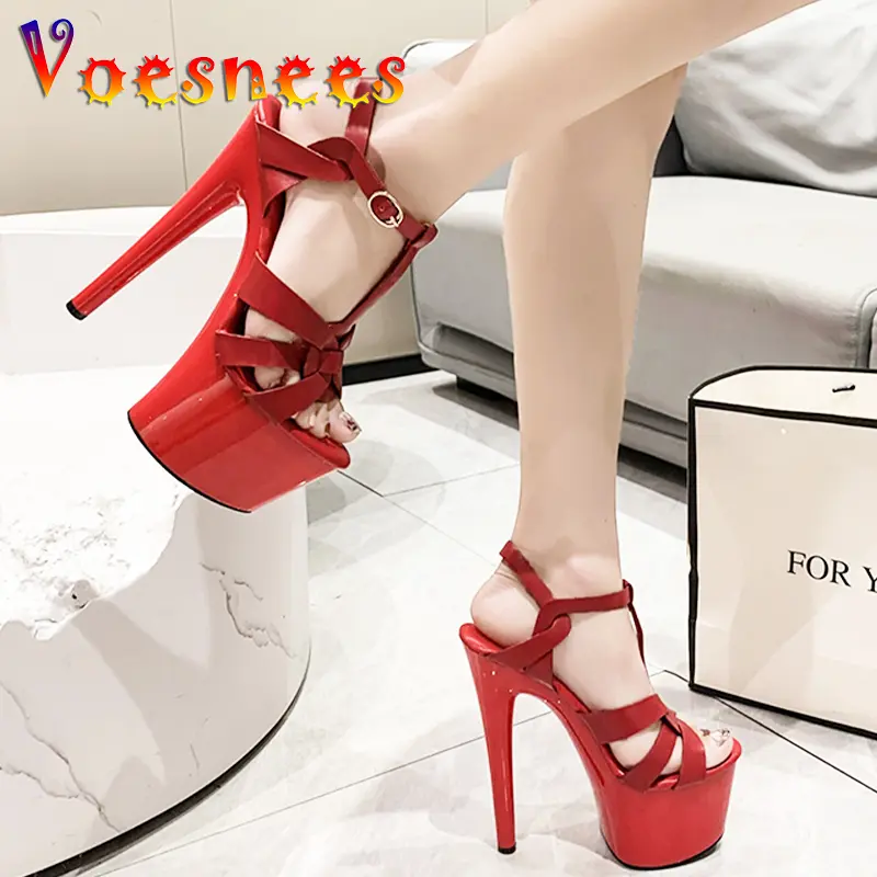 Gladiator Sandals T-Strap Pole Dance Shoes Stripper Heels Platform Sandals Women Brand Weave Cross Peep Toe Summer Red Heels