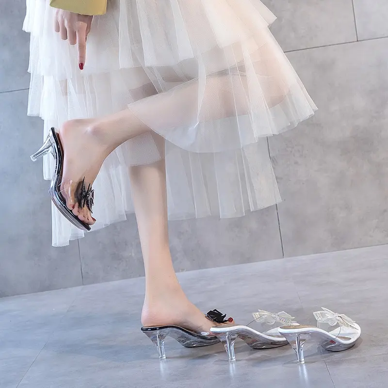 2020 PVC HOT Female Slipper Shoes Butterfly-knot Women  Shoes Transparent High Heels 6.5CM Summer Peep Toe Crystal Women Slipper