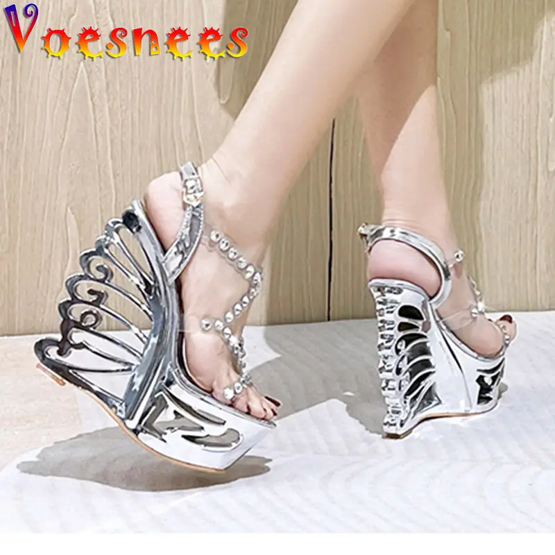 Sexy Nightclub Transparent Super High Heeled Shoes Diamond Rivet PVC Band Fashion Sandals Summer Hollow Out Wedge Women's Pumps