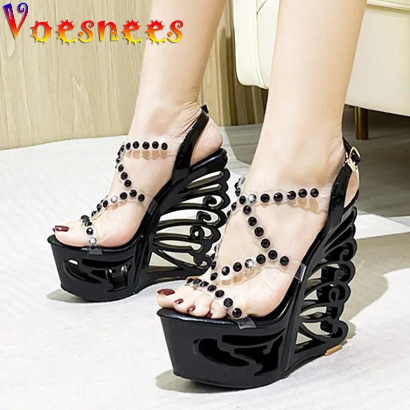 Sexy Nightclub Transparent Super High Heeled Shoes Diamond Rivet PVC Band Fashion Sandals Summer Hollow Out Wedge Women's Pumps
