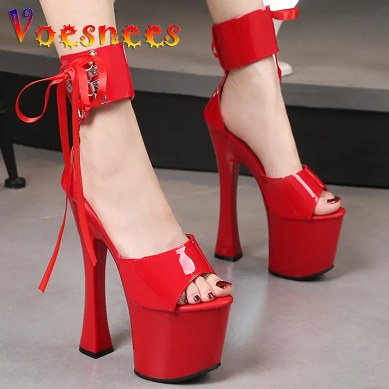 Lace-up Platform Women Shoes Summer Candy Color Walk Show Nightclub Pole Dance Sandals Sexy Open Toe Stripper Super High Heels