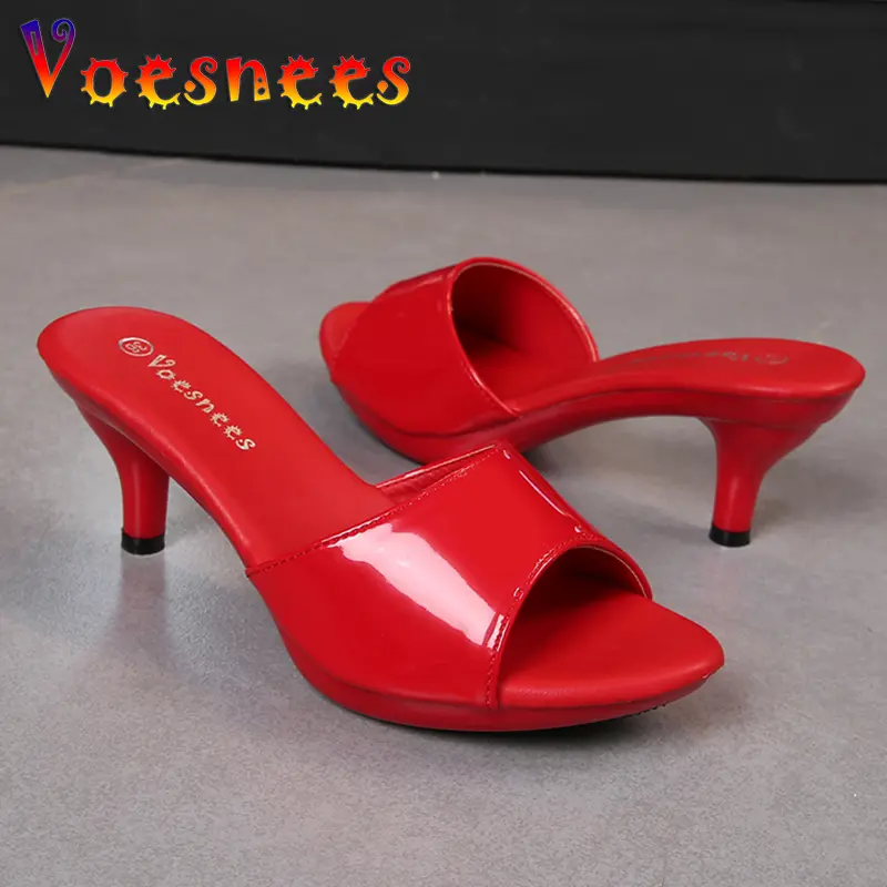 2021 Women Shoes Mule Clear Heels Patent Leather Slippers Sandals Sexy Crystal Low Heels Pointed Toe Slides Party Shoes Woman