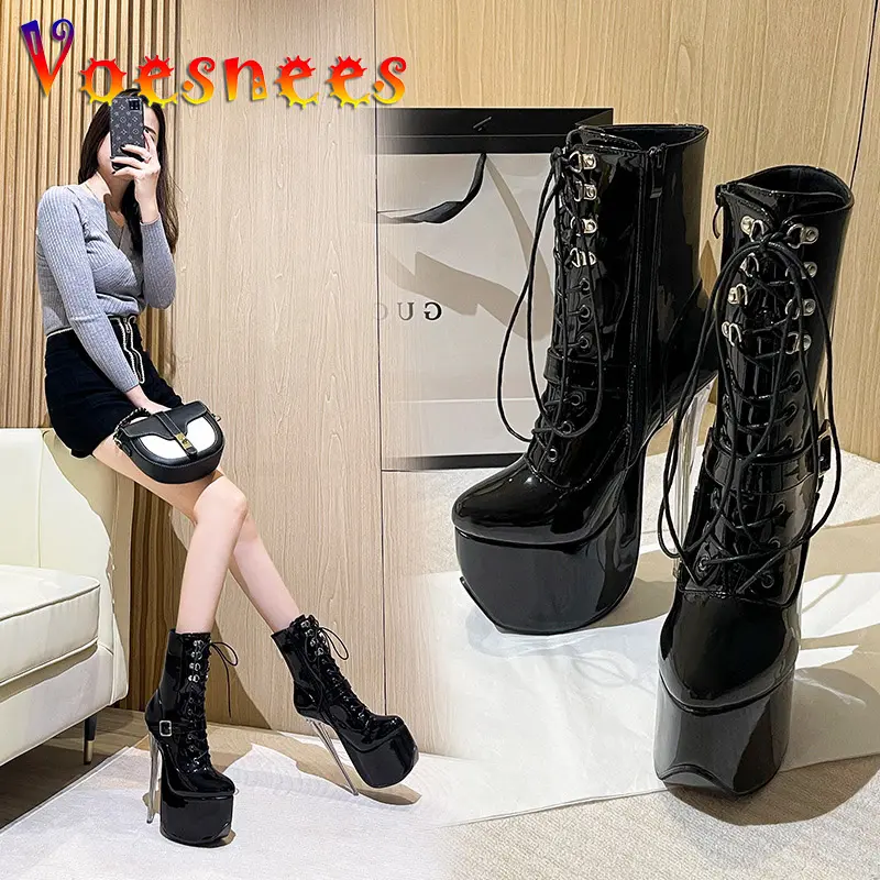 Fashion Women Shoes 19CM Super High Heel Mid-Calf Boots Plus Size Transparent Heel Short Boots Buckle Strap Zip Nightclub Heels