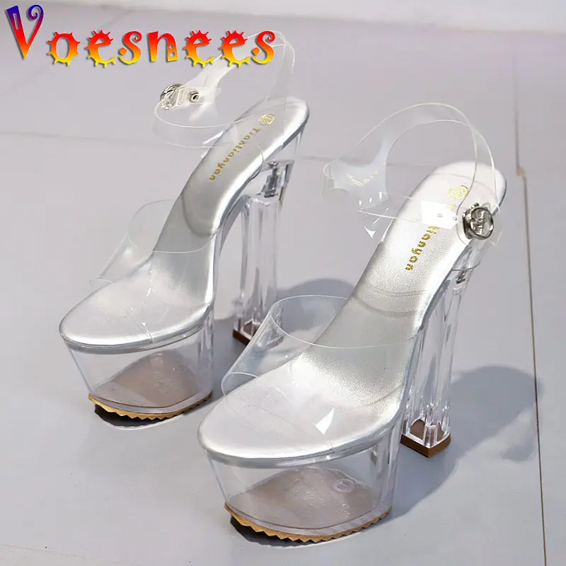 Women Shoes 2021 New PVC Jelly Thick Heels Sandals Transparent Crystal 17CM Platform Ladies High Heel Shoes Party Big Size 41